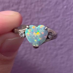 Silver opal heart ring size 8
